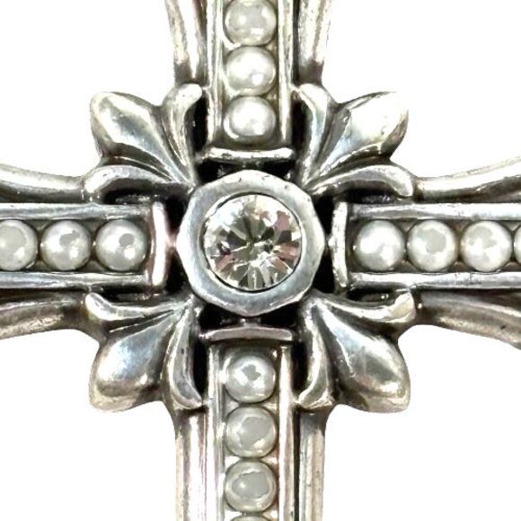 Brighton Large Cross Necklace Swarovski Crystals Pearl Pendant Long Silver Chain - Picture 5 of 13